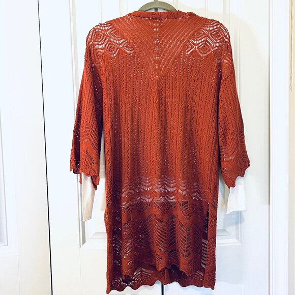 Hippie Rose Pointelle Open Front Cardigan Sweater in Rust/Barn Red (M) New w/tag - Picture 6 of 11